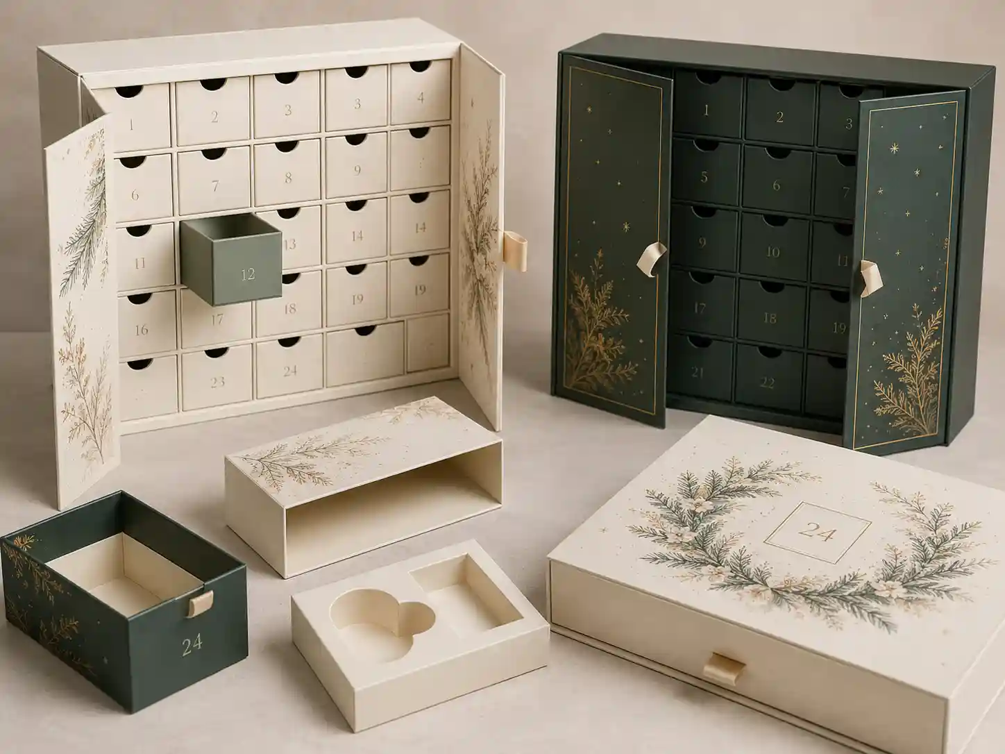 Custom printed advent calendar boxes with drawer, door, and insert structure details in a neutral studio setting