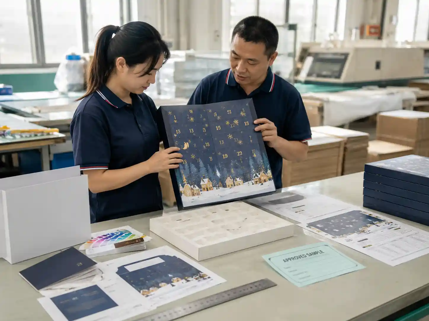 Factory sample review for custom printed advent calendar boxes with artwork proof, inserts, and production notes