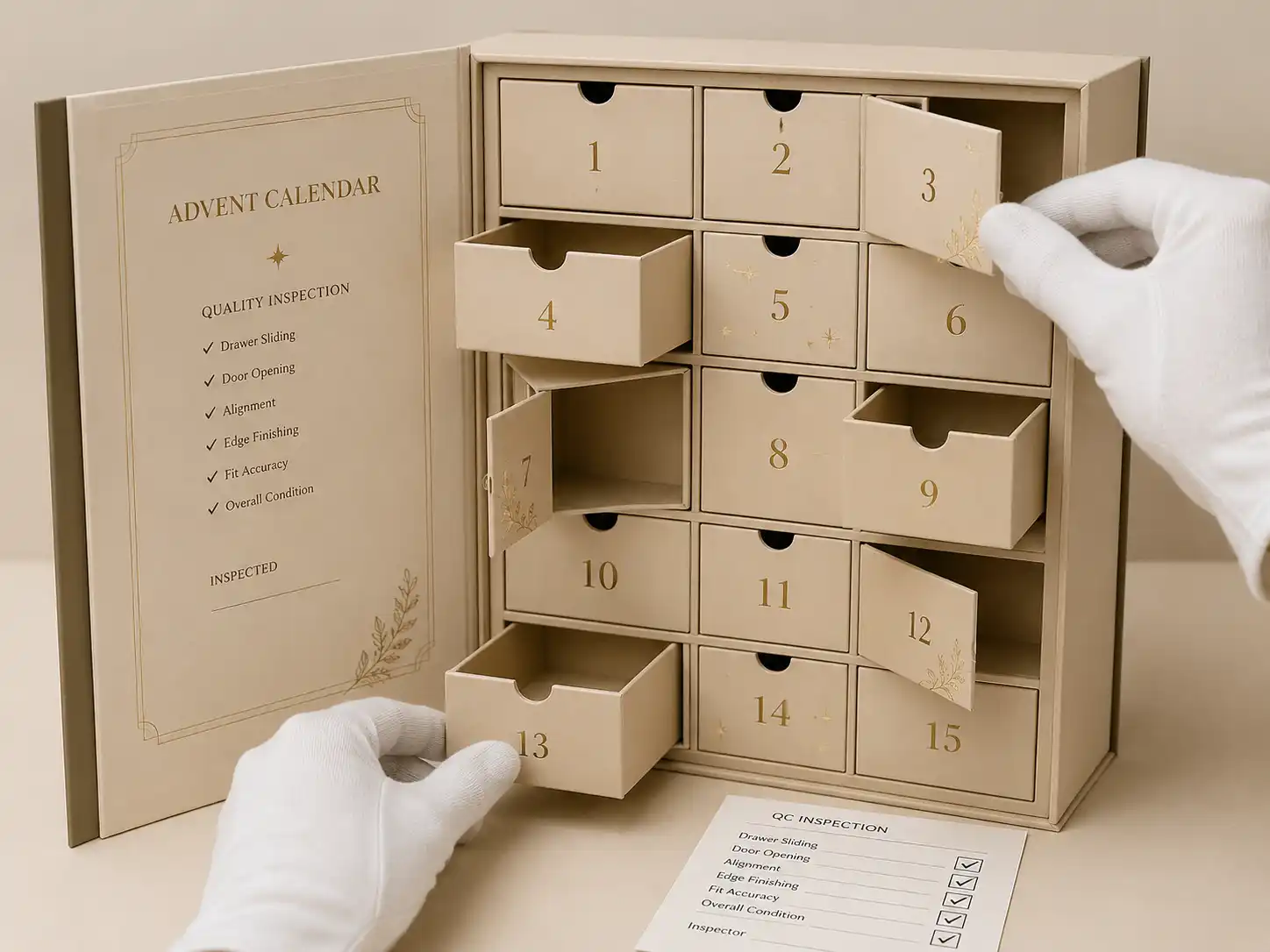 QC inspection of drawer sliding and door opening performance for book-style advent calendar boxes