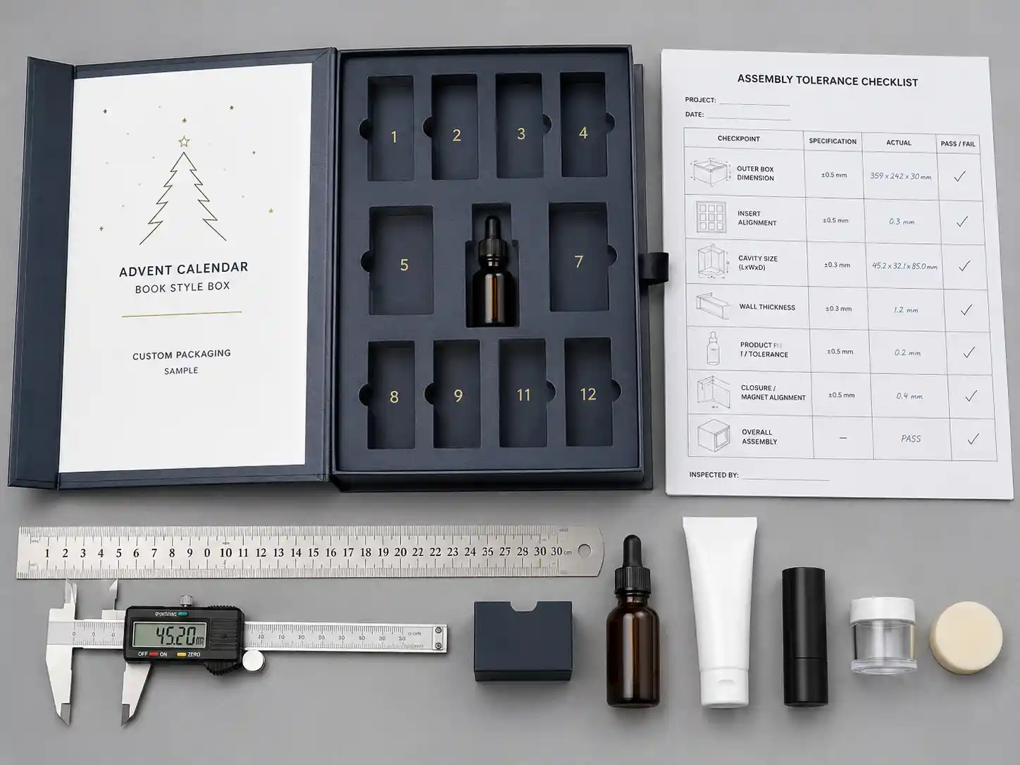 Assembly tolerance check with ruler and product dummies for custom book-style advent calendar boxes