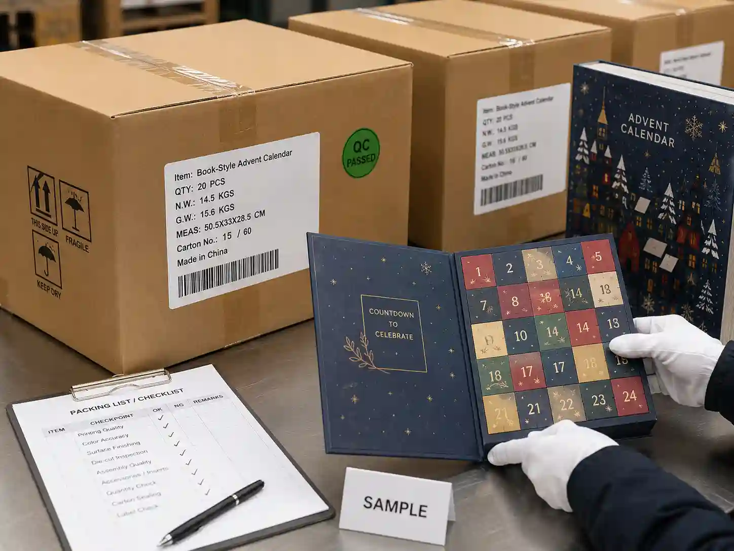 Final pre-shipment inspection with sealed cartons and sample reference for book-style advent calendar boxes