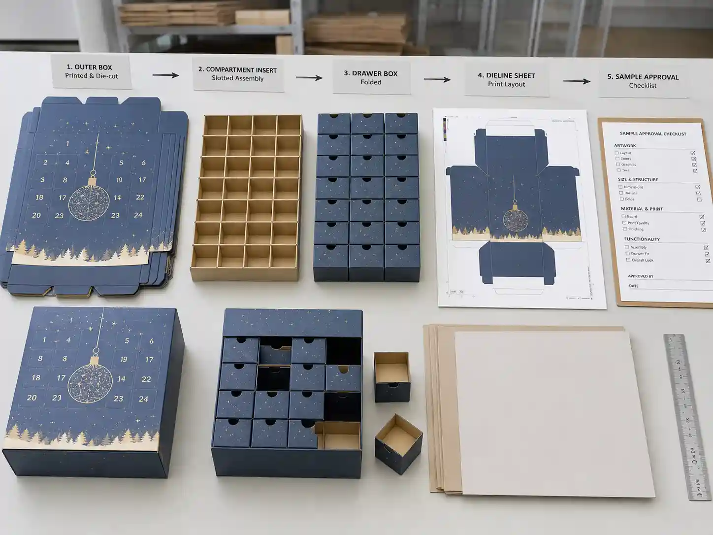 Flat-pack compartment advent calendar box components arranged by production step for B2B sampling review