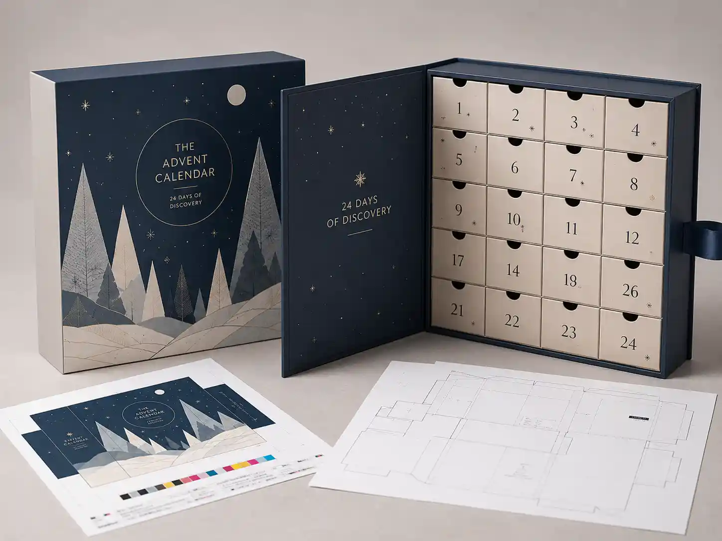 Assembled rigid compartment advent calendar box with inserts and printed panels for sample approval