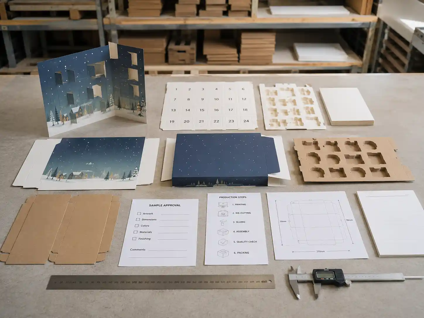 Flat-pack door-opening advent calendar box components arranged by production step for B2B sample development