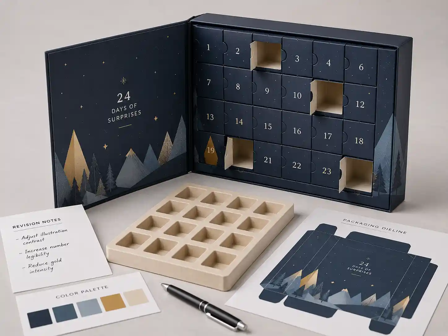 Assembled rigid door-opening advent calendar box with inserts and printed panels for sample approval