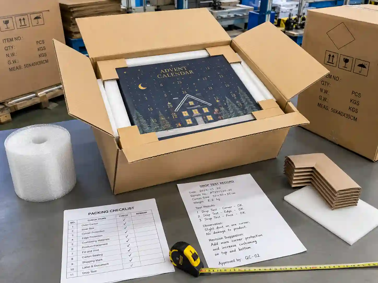 Protective packing test scene for door-opening advent calendar boxes with cartons and QC notes