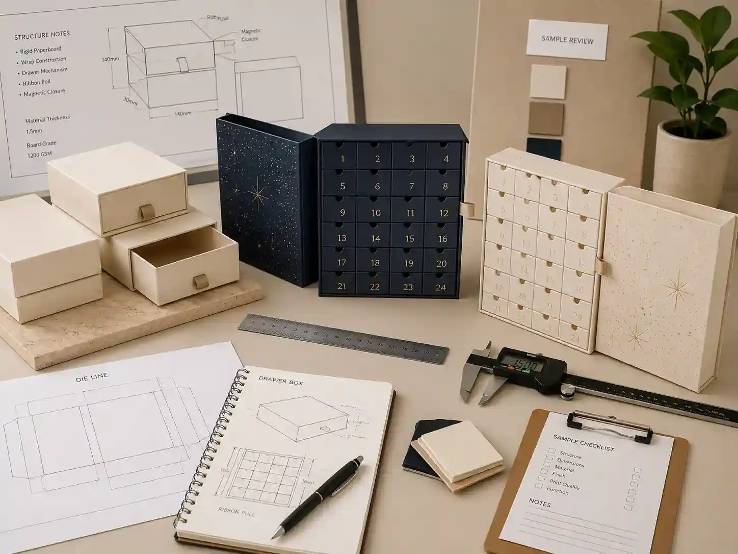 Sample development table with blank and printed drawer advent calendar box samples and structure notes for B2B packaging customization