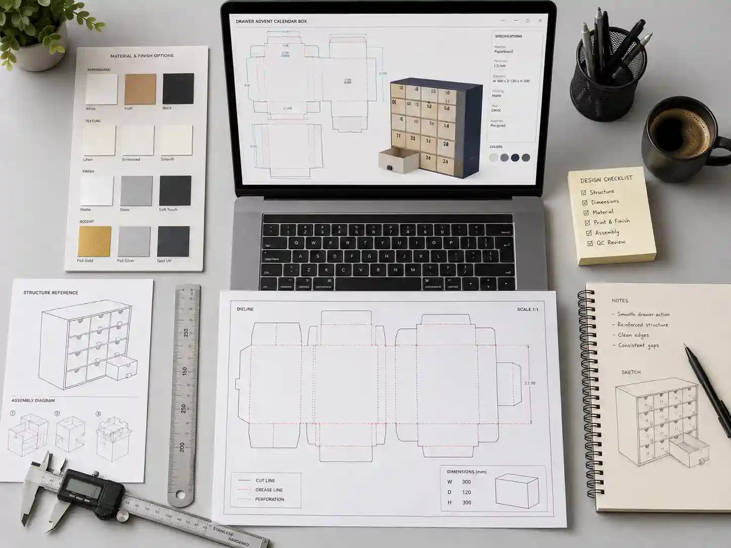 Dieline engineering desk with ruler, caliper, paper materials, and laptop for drawer advent calendar box artwork and structure checks