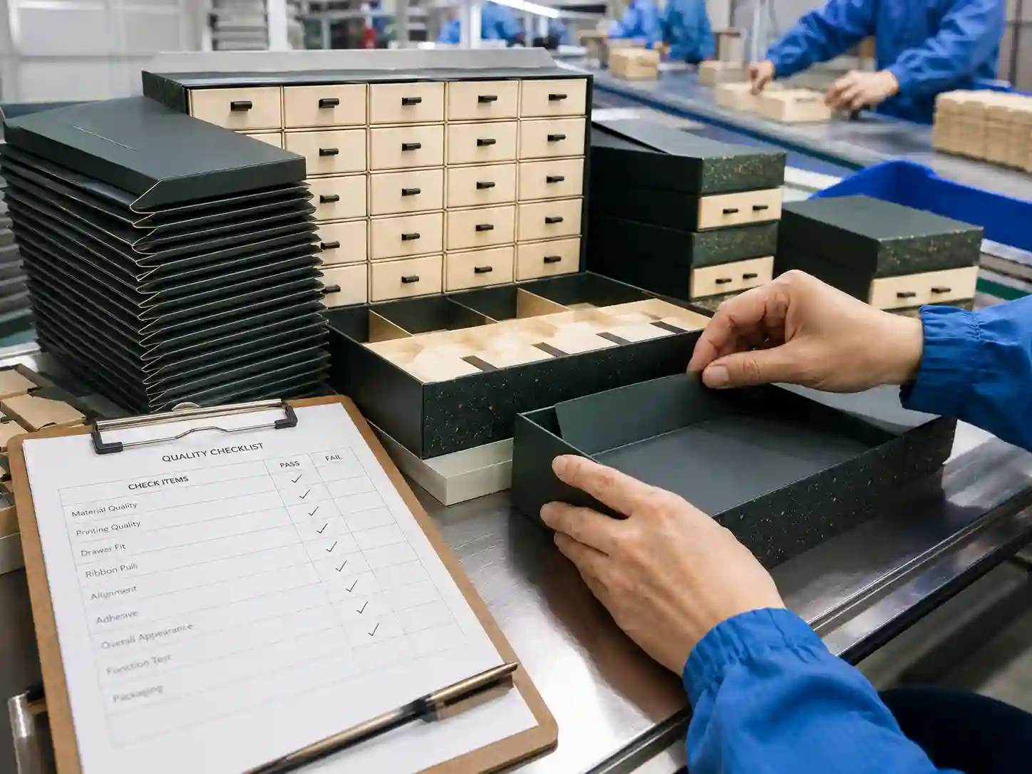 Close-up assembly line scene showing custom drawer advent calendar boxes being folded and checked during quality control