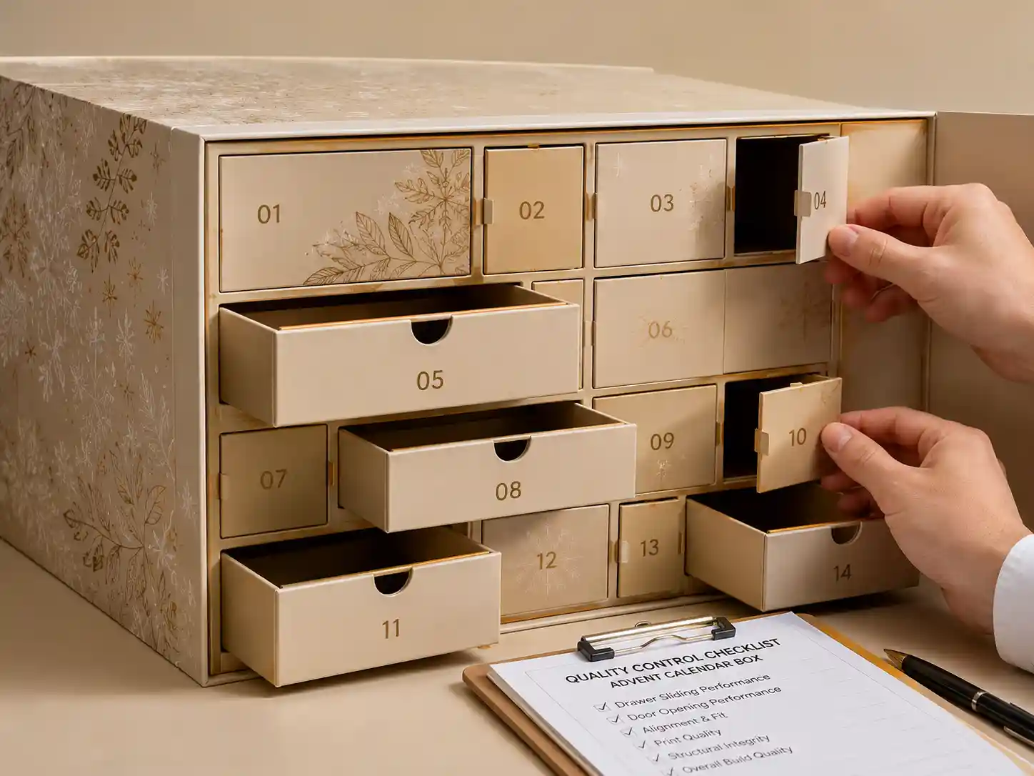 QC inspection of drawer sliding and door opening performance for flat pack advent calendar boxes
