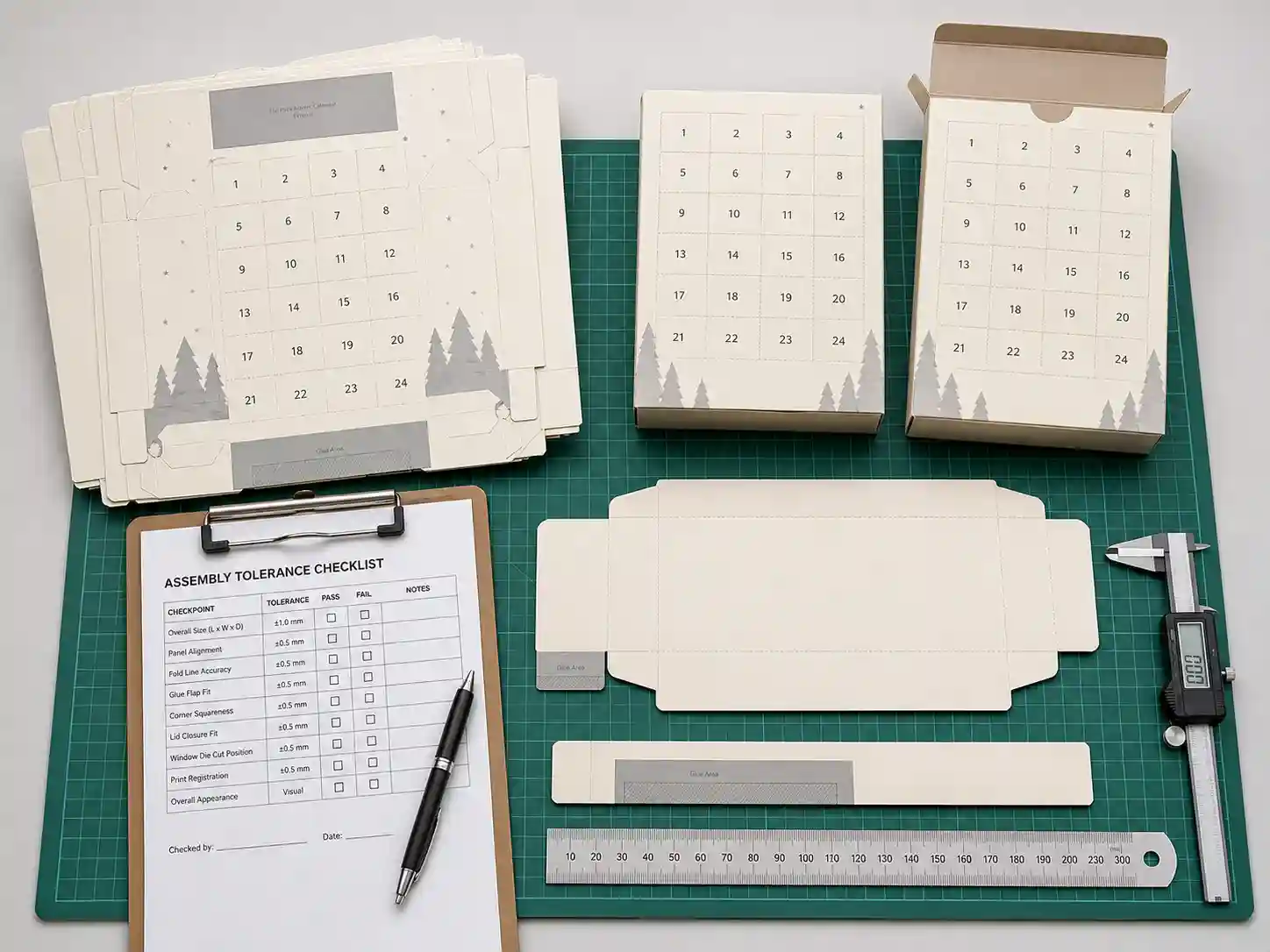 Assembly tolerance check with ruler and product dummies for flat pack advent calendar boxes