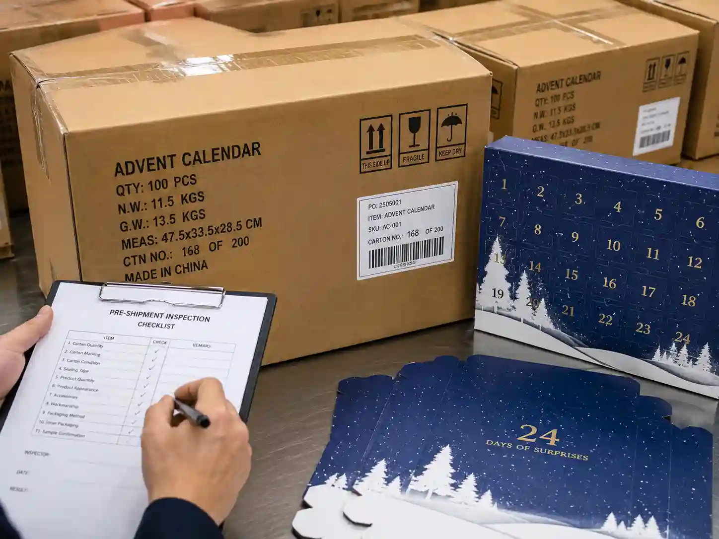 Final pre-shipment inspection with sealed cartons and sample reference for flat pack advent calendar boxes