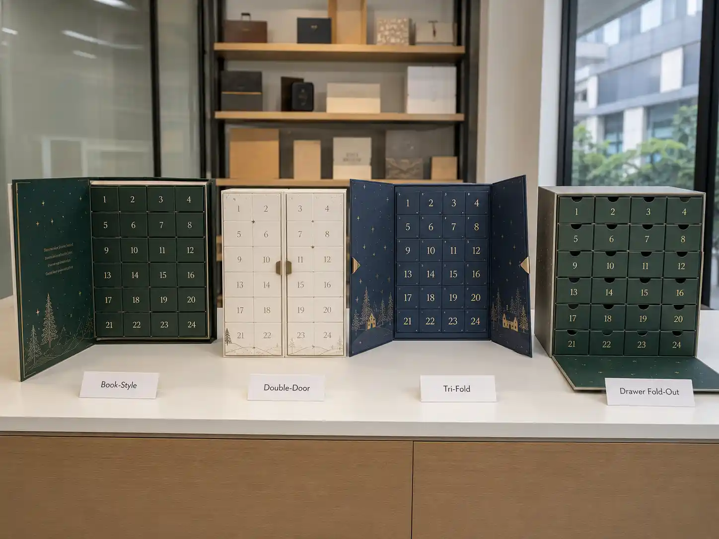 Factory showroom comparison of fold-out advent calendar box structures for B2B packaging buyers
