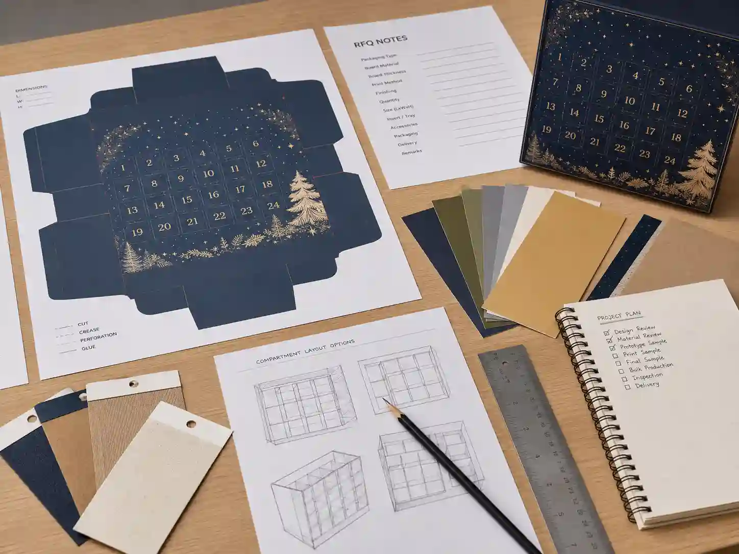 Buyer planning desk with dielines and RFQ notes for custom fold-out advent calendar boxes