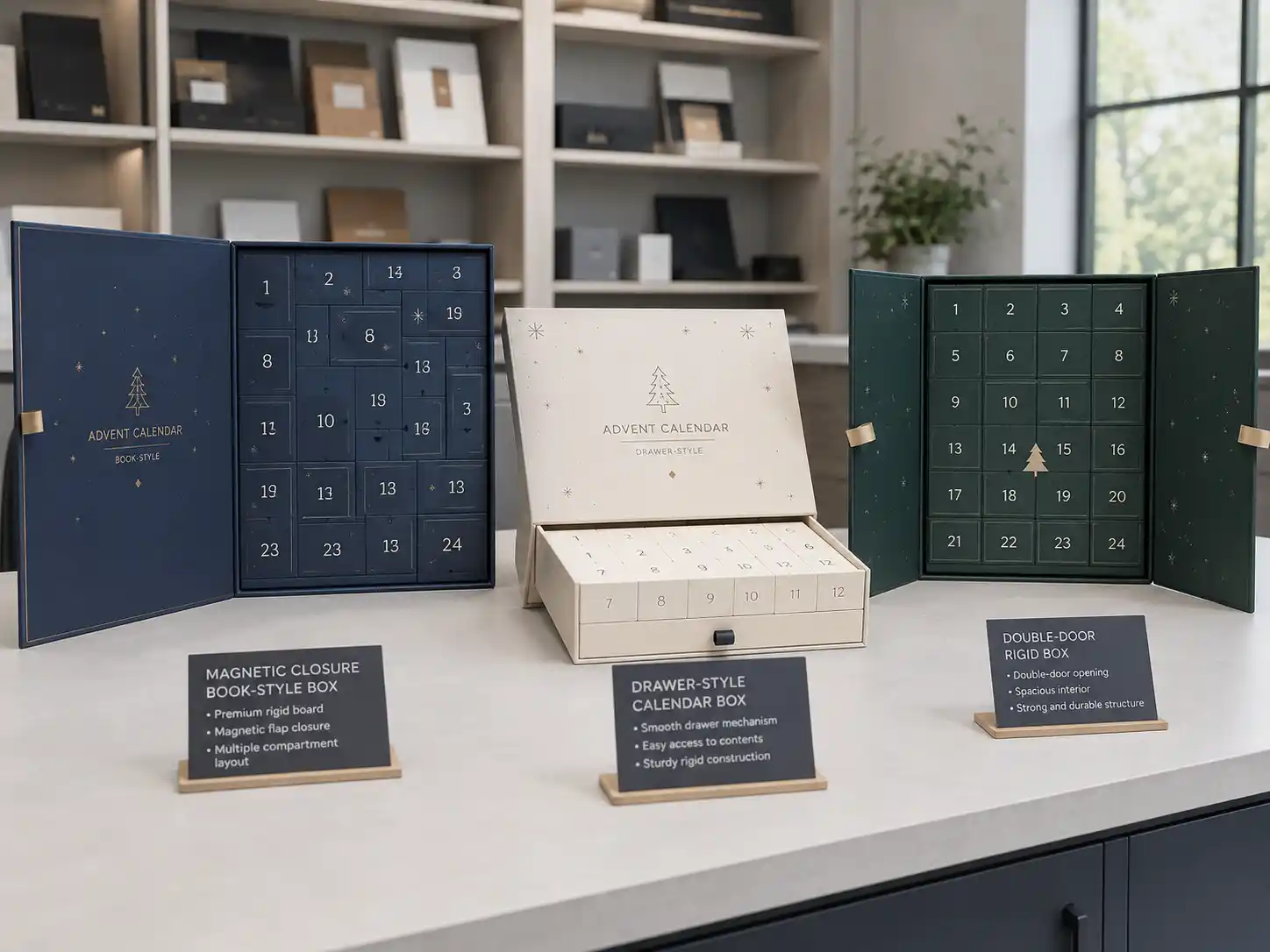 Factory showroom comparison of magnetic closure advent calendar box structures for B2B packaging projects