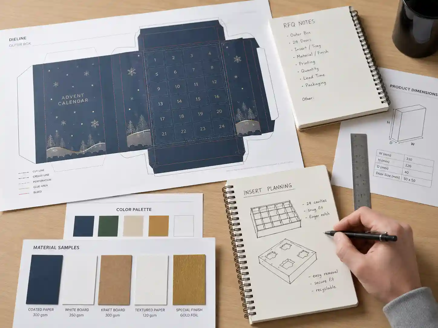Buyer planning desk with dieline sheets color swatches and RFQ notes for custom magnetic closure advent calendar boxes