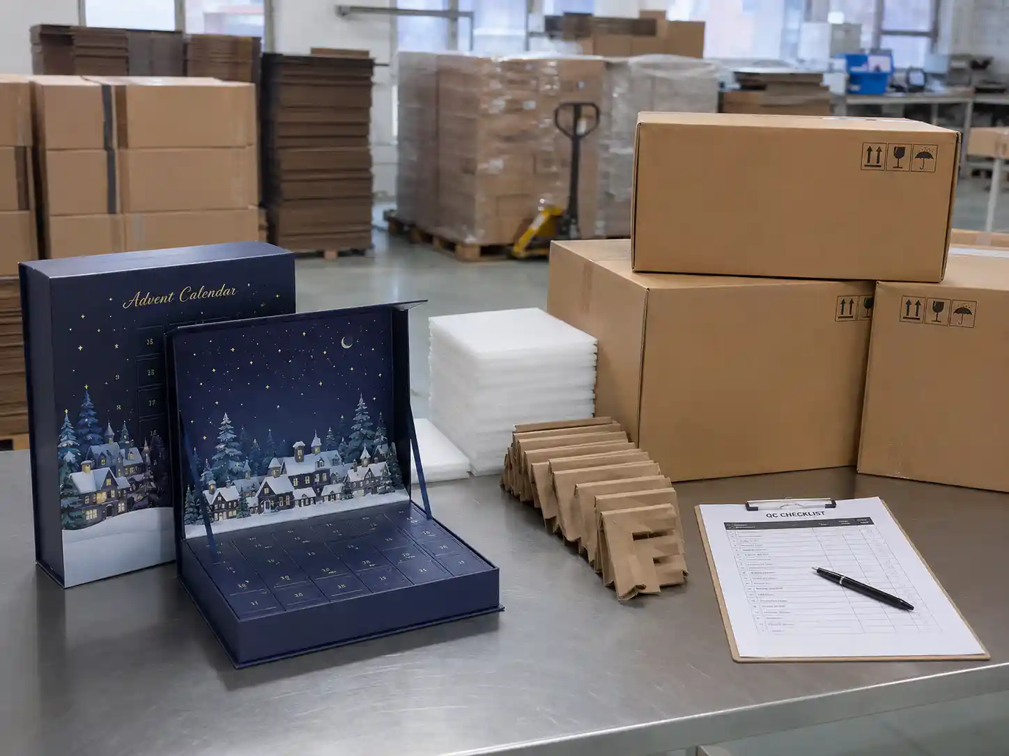 Export packing area with cartons shipping marks and QC checklist for magnetic closure advent calendar boxes