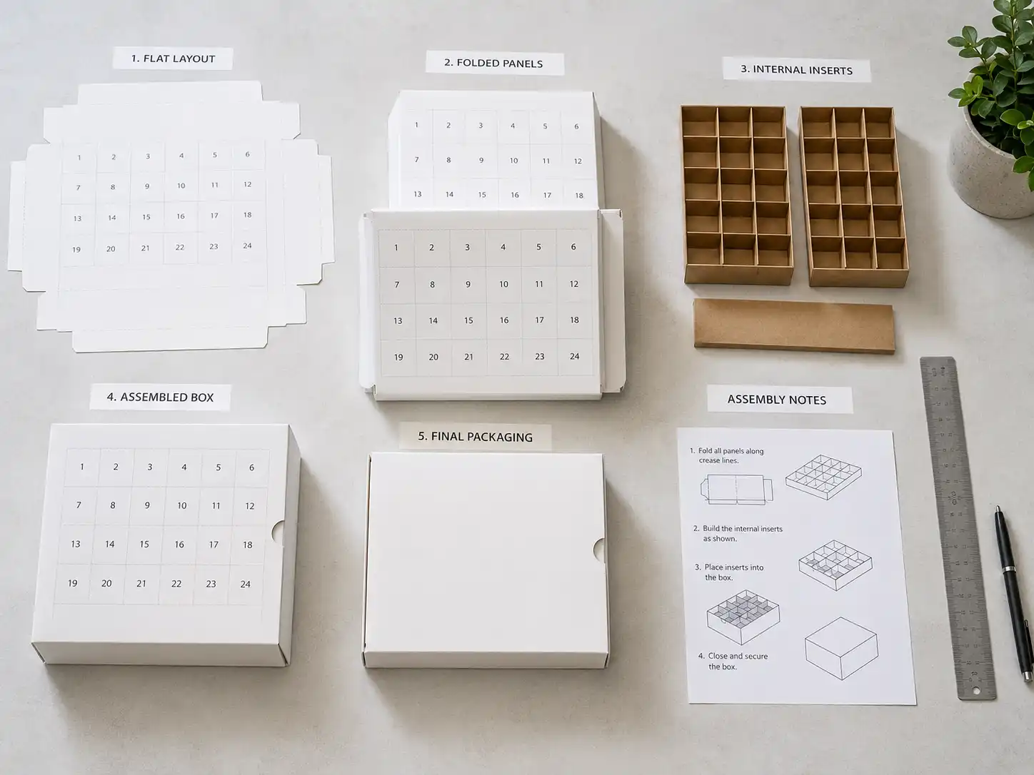 Flat-pack paperboard advent calendar box components arranged by production step for B2B sampling review