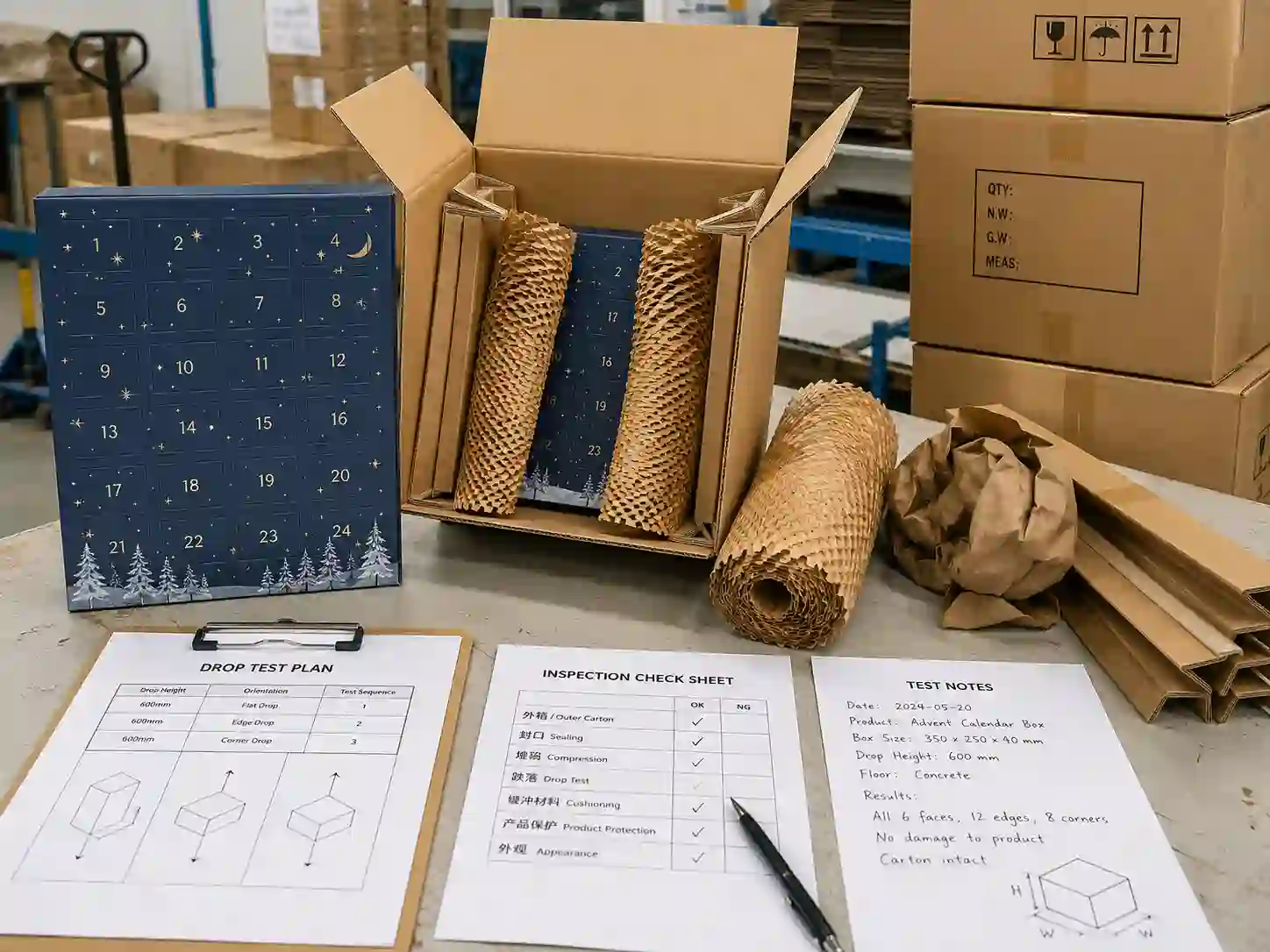 Protective packing test scene for paperboard advent calendar boxes before export shipment