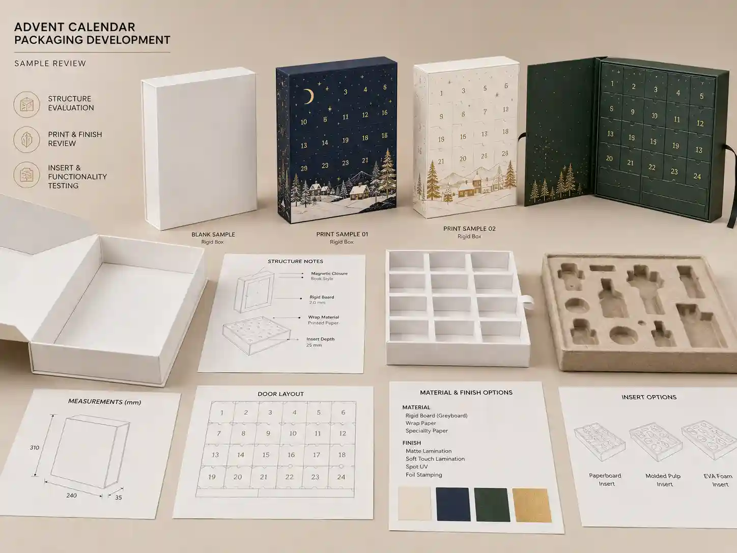 Sample development table with blank and printed rigid advent calendar boxes and structure notes for B2B packaging projects