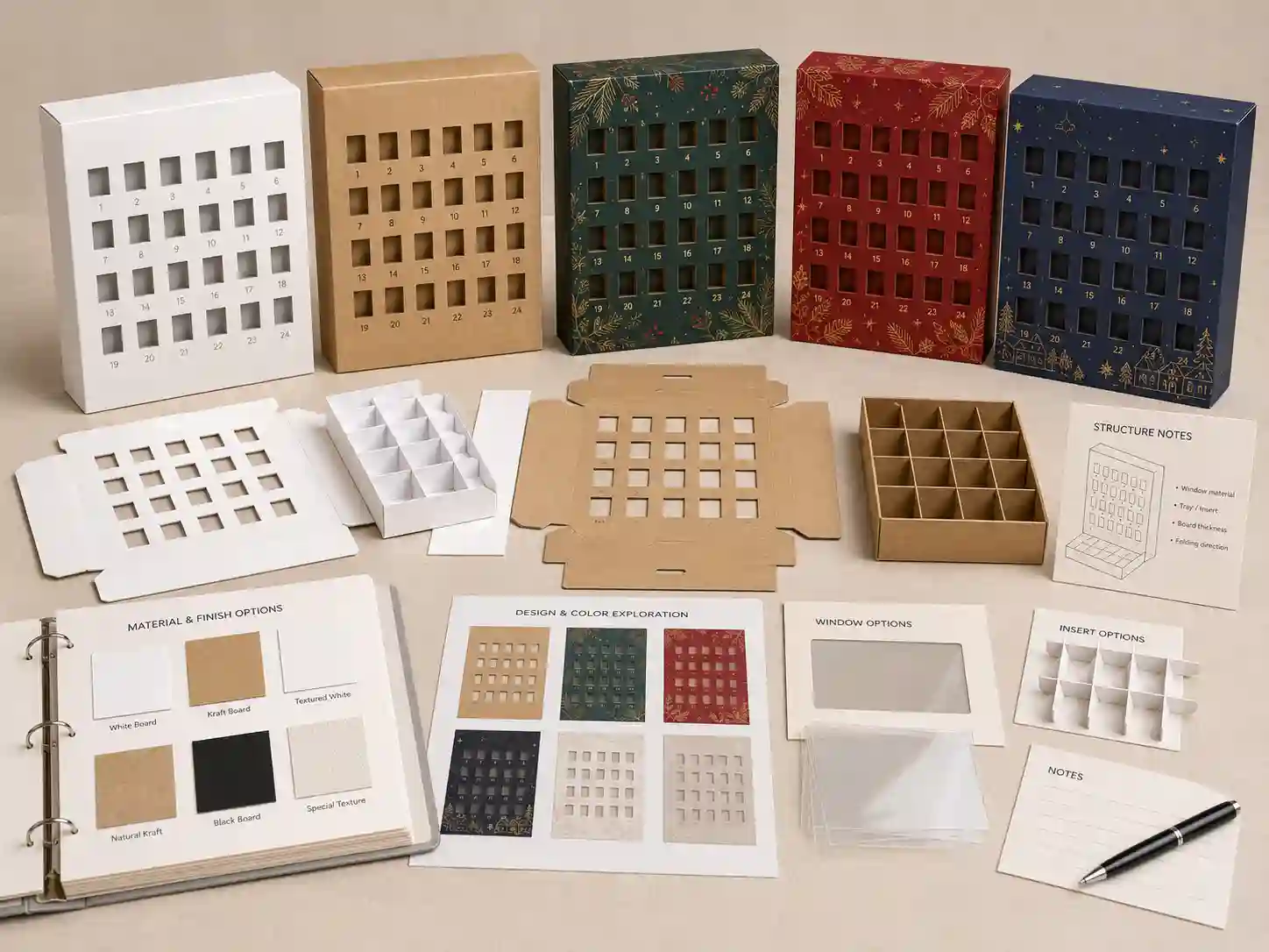 Sample development table for window advent calendar boxes with blank samples, printed samples, and structure notes