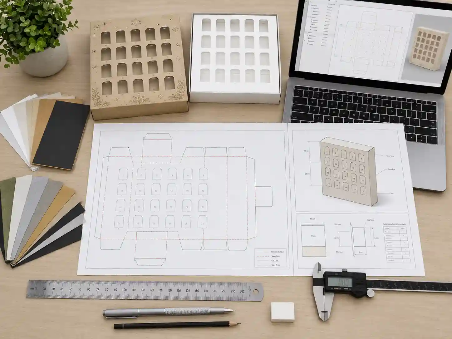 Dieline engineering desk with ruler caliper paper materials and laptop for custom window advent calendar boxes