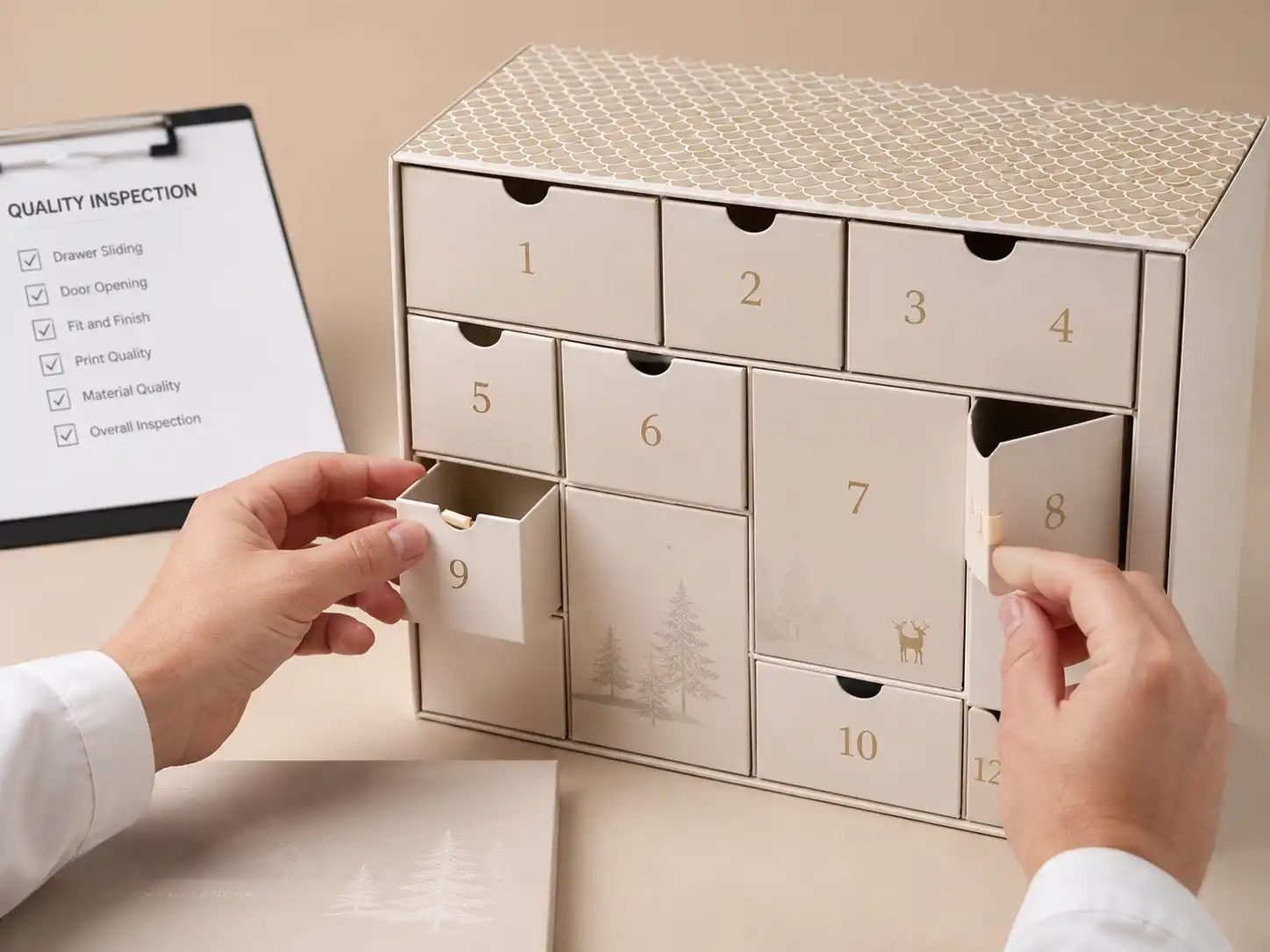 QC inspection of drawer sliding and door opening for better advent calendar box unboxing experience