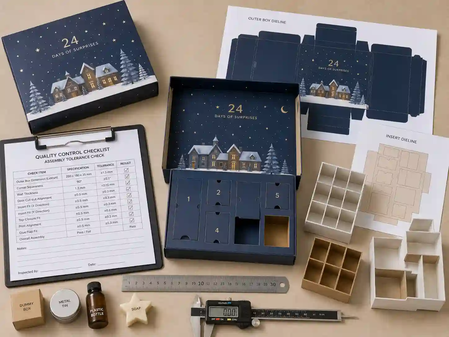 Assembly tolerance check with ruler and product dummies for advent calendar box insert design