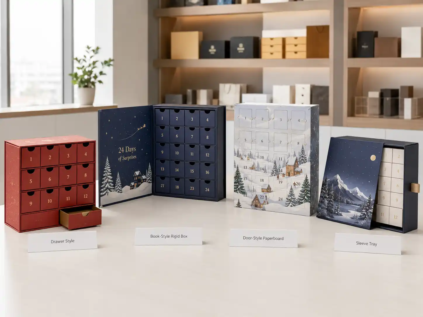 Factory showroom comparison of advent calendar box structures with removable insert options