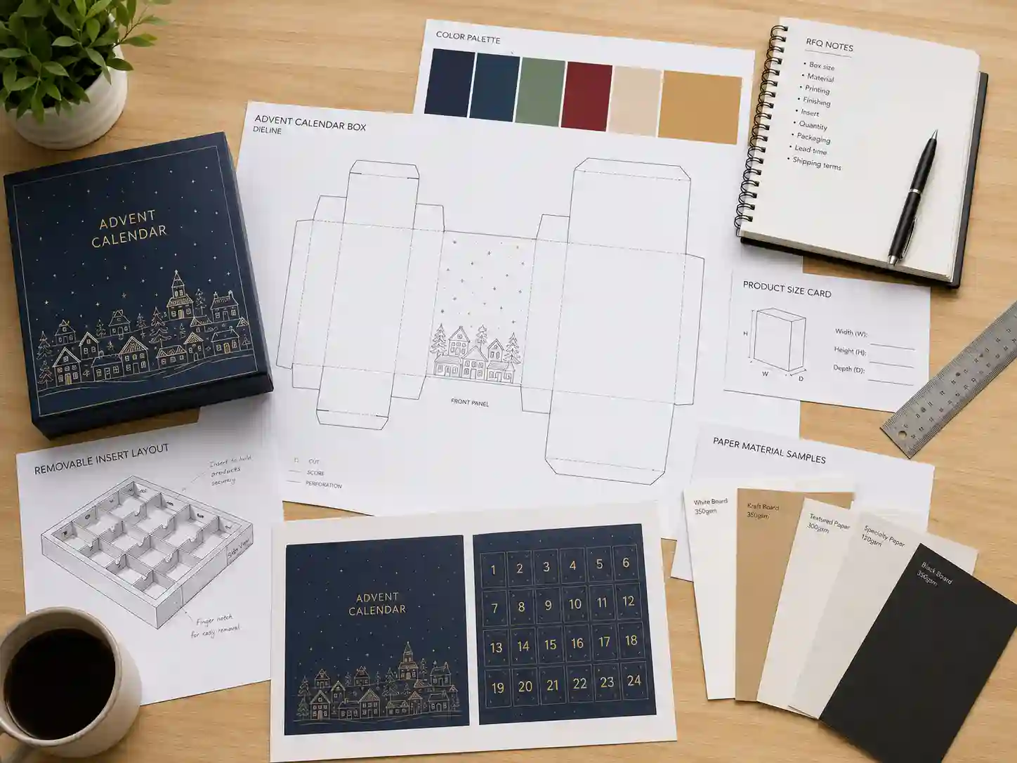 Buyer planning desk with dieline sheets and RFQ notes for removable insert advent calendar boxes