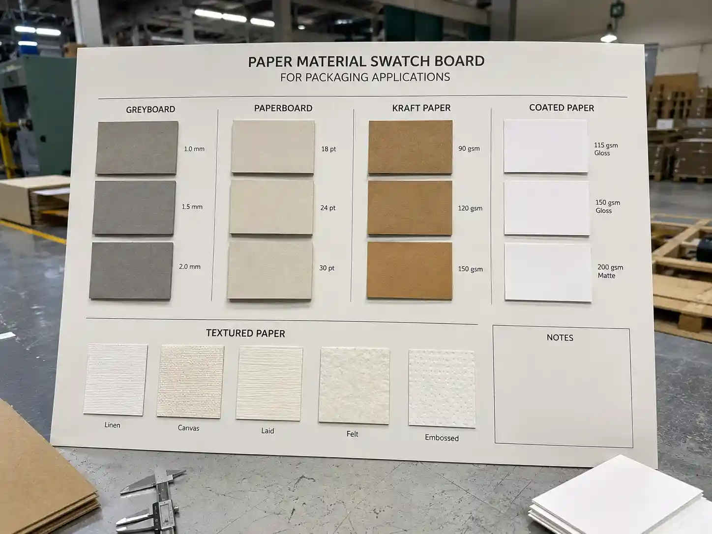Paper material swatch board for advent calendar box compartments