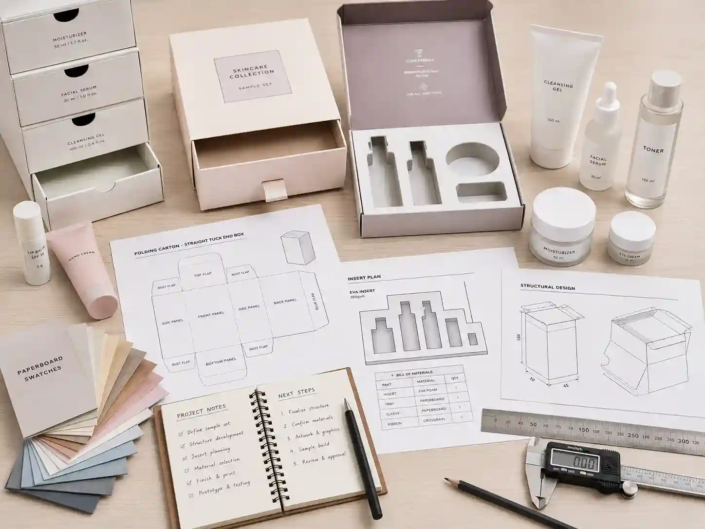 Cosmetic advent calendar boxes structure planning with skincare samples, drawers, inserts, and dieline workspace