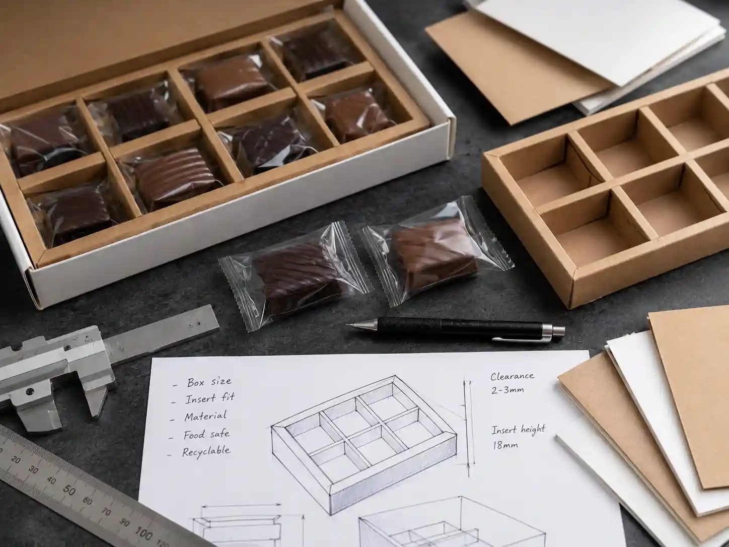 Food-safe advent calendar compartment planning with chocolate samples, paperboard trays, and insert material details