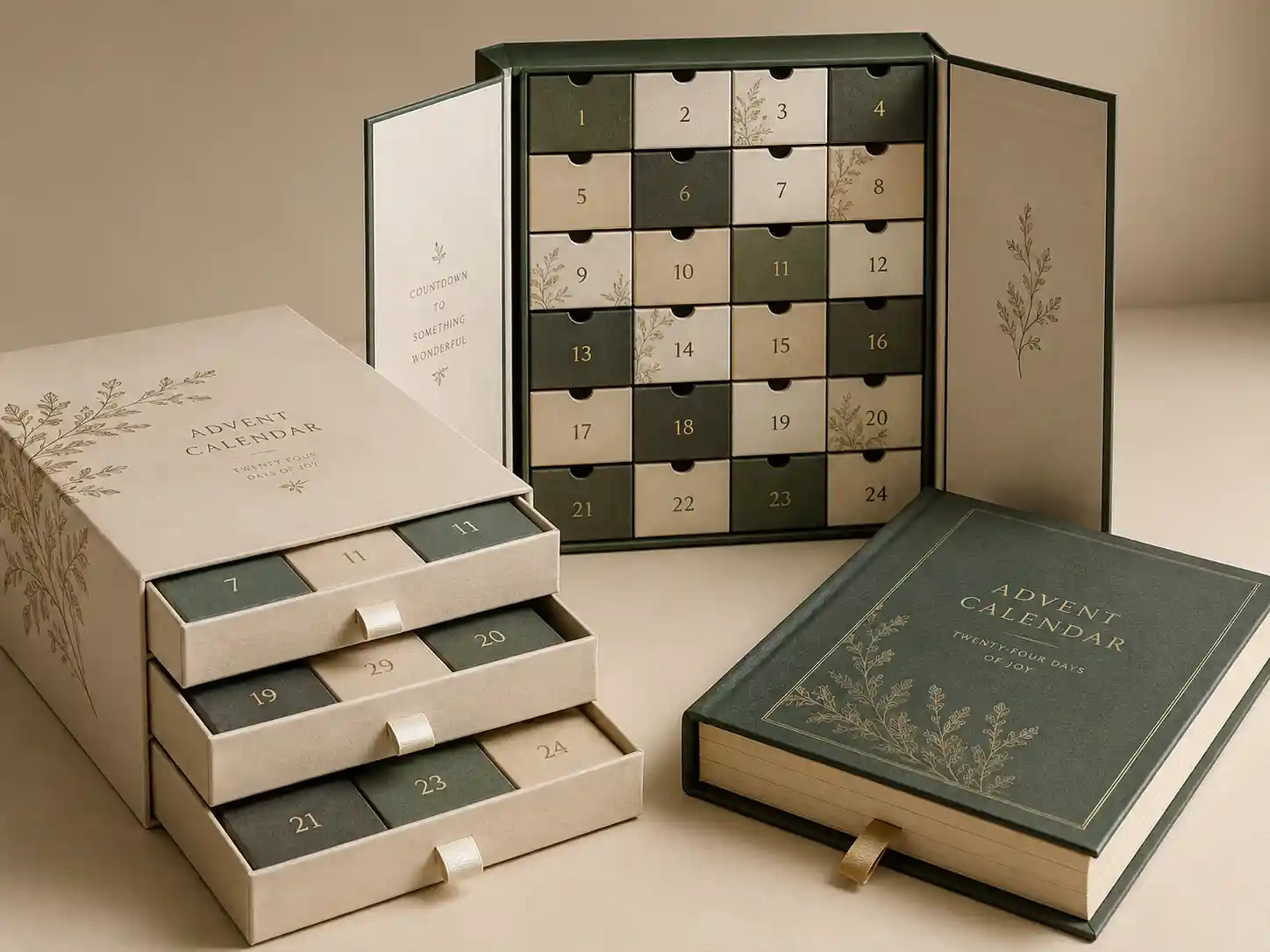 Custom advent calendar box structures with close-up paper texture details for import buyers