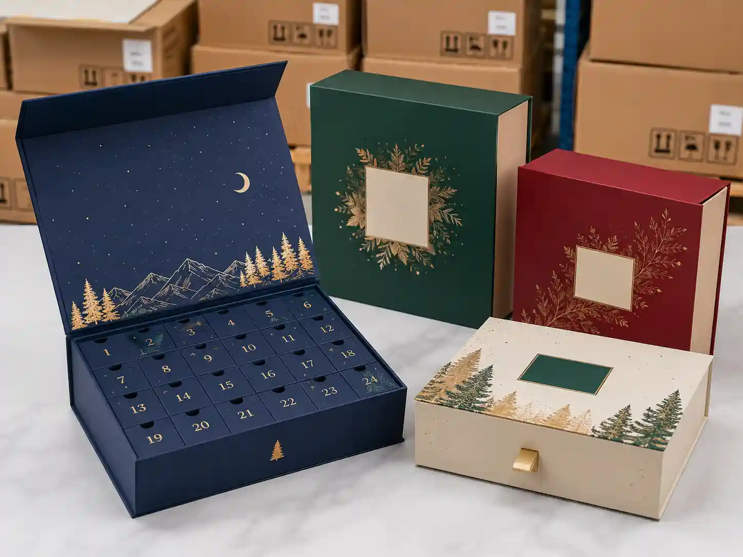 Finished advent calendar boxes with QC and export packing details for B2B buyers