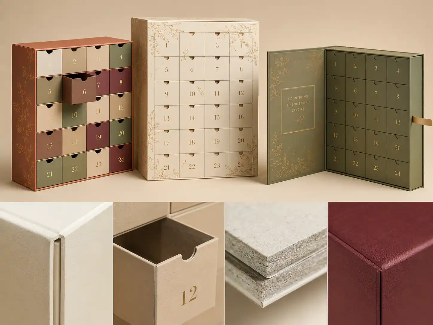Custom advent calendar box structures with close-up paperboard texture for stronger shipping