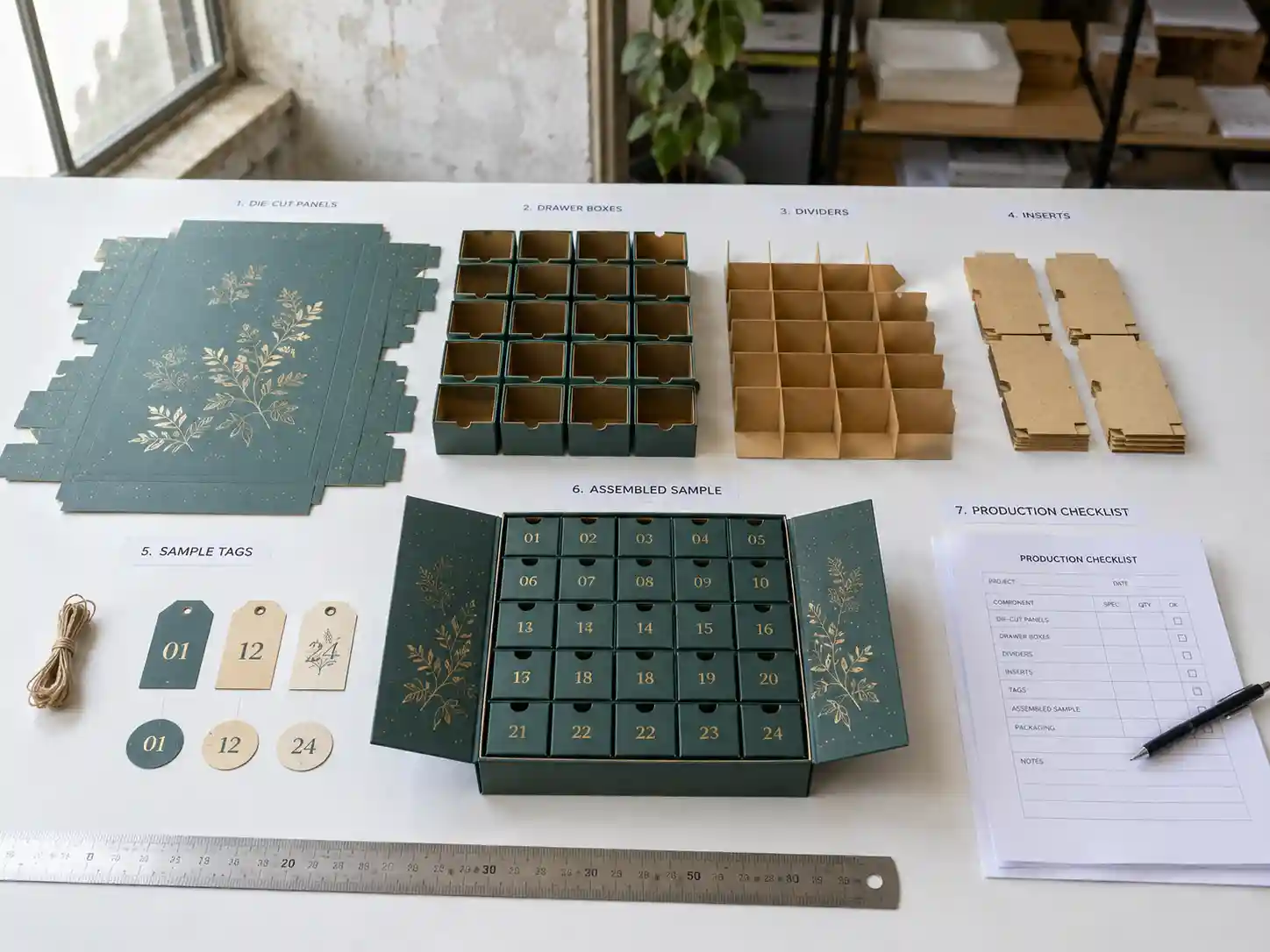 Flat-pack advent calendar box components arranged by production step for bulk sampling review