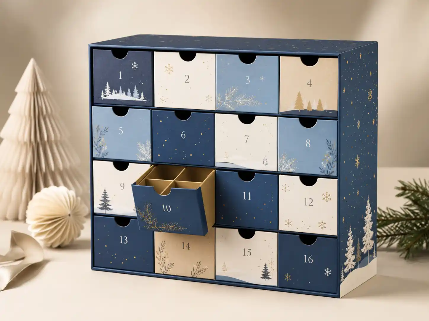 Assembled custom rigid advent calendar box with inserts and printed panels for sample approval