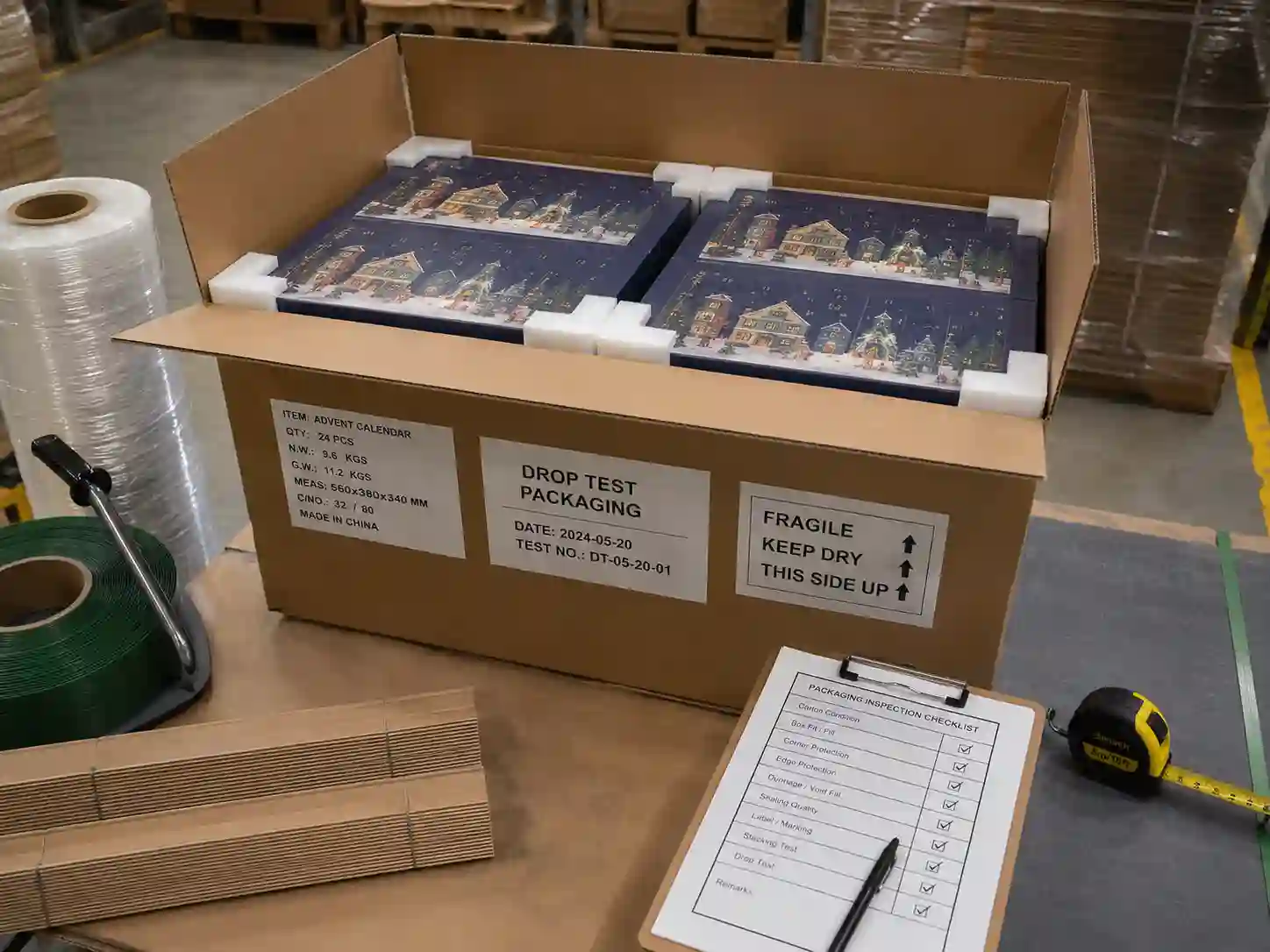 Protective packing and carton test scene for custom advent calendar box export orders