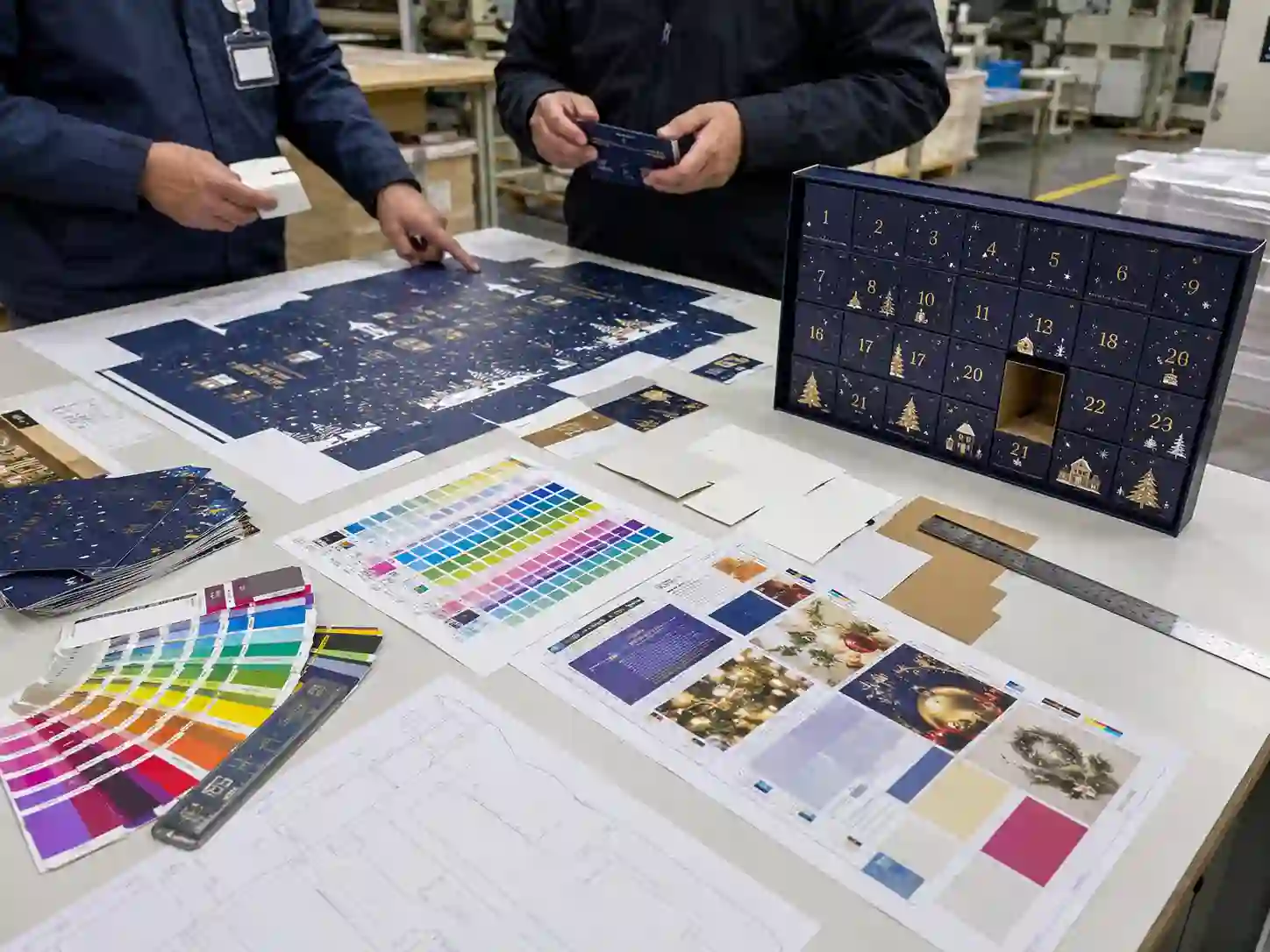 Printing proof table with Pantone cards and CMYK sheets for custom advent calendar box artwork preparation
