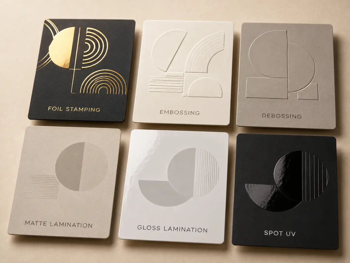 Close-up of foil stamping embossing and lamination samples for custom advent calendar box finishing