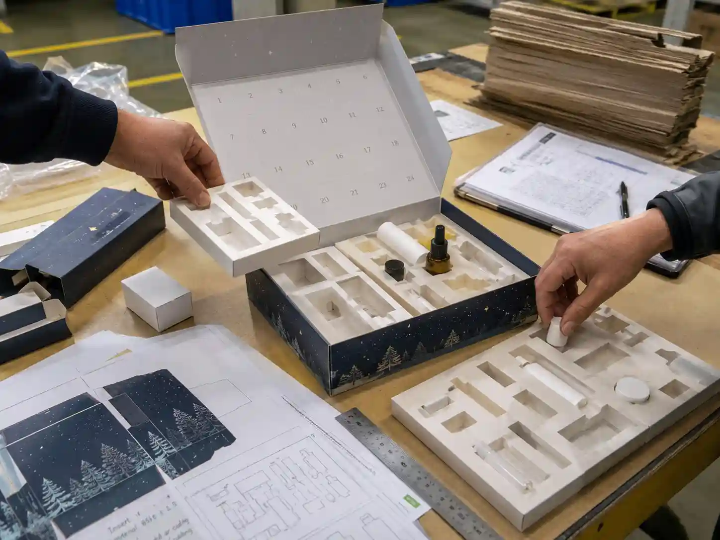 Worker hands checking insert fit with product dummies during custom advent calendar box sample review.