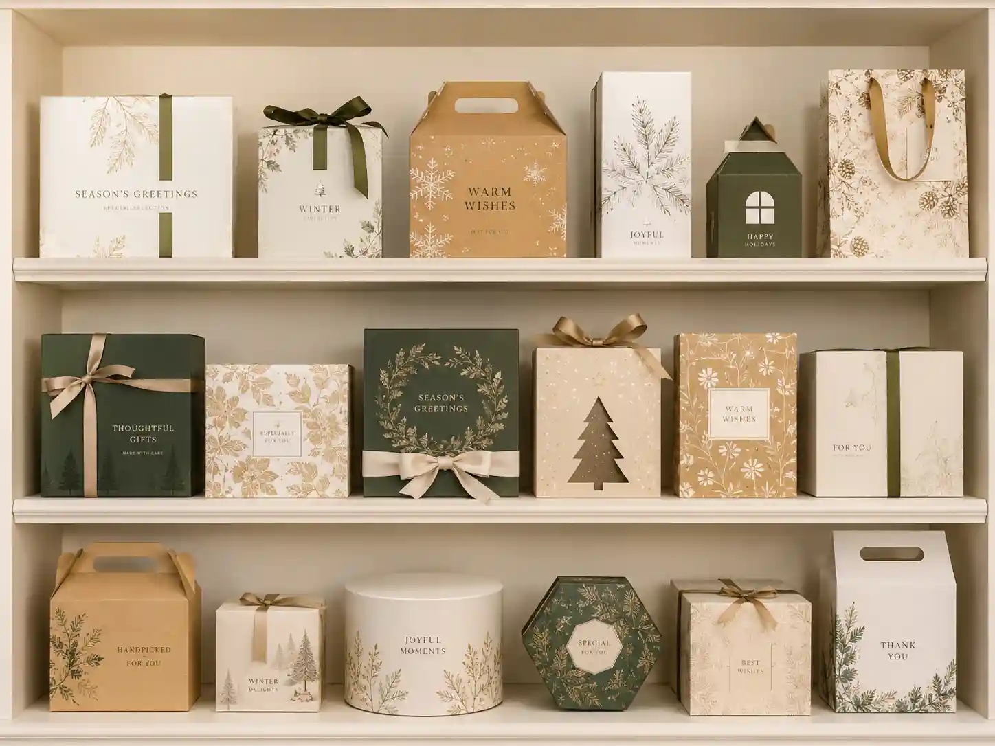Retail shelf mockup showing seasonal gift packaging with neutral brand-safe graphics.