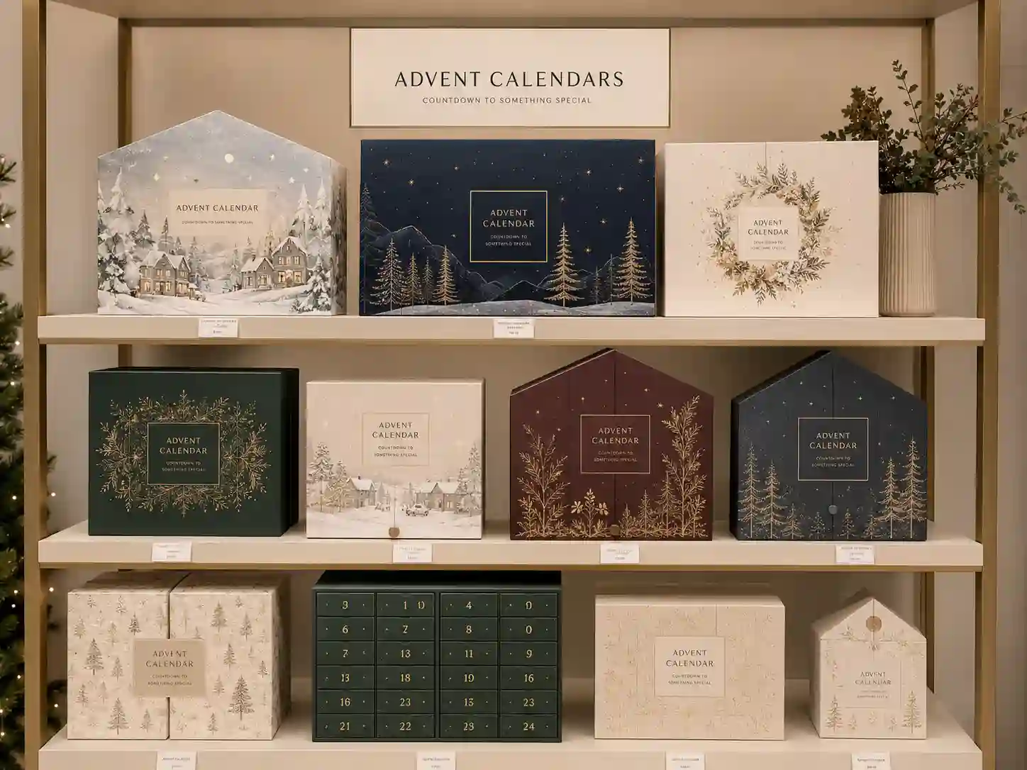 Retail shelf mockup with seasonal custom advent calendar boxes in neutral packaging design