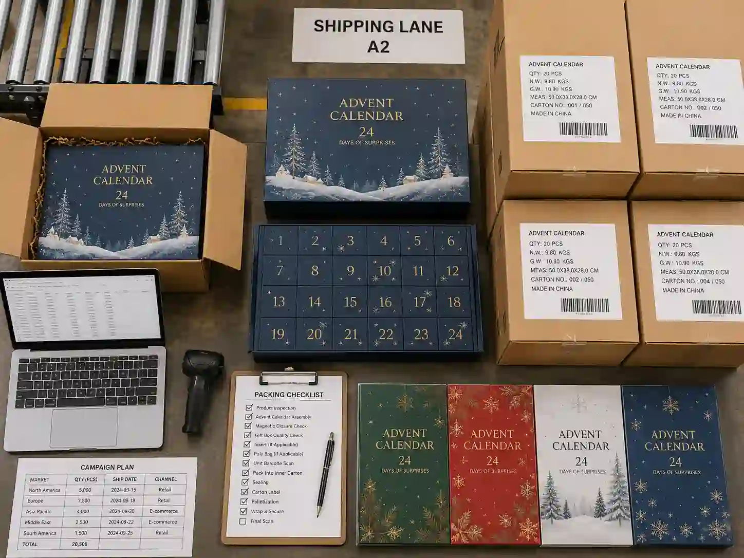 Warehouse shipping lane with packed magnetic closure advent calendar boxes and export cartons for campaign planning