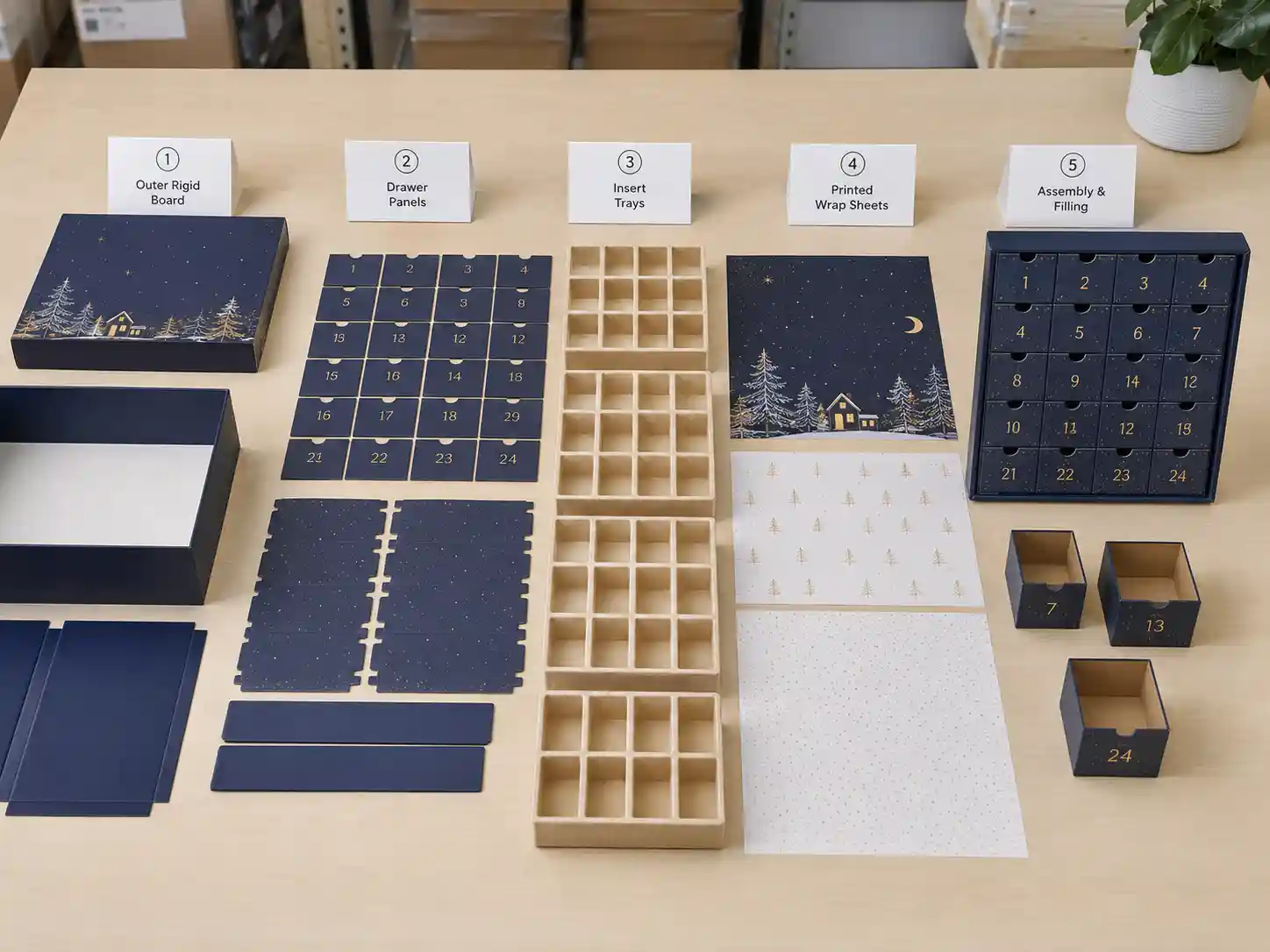 Flat-pack advent calendar box components arranged for matte and gloss lamination sample review