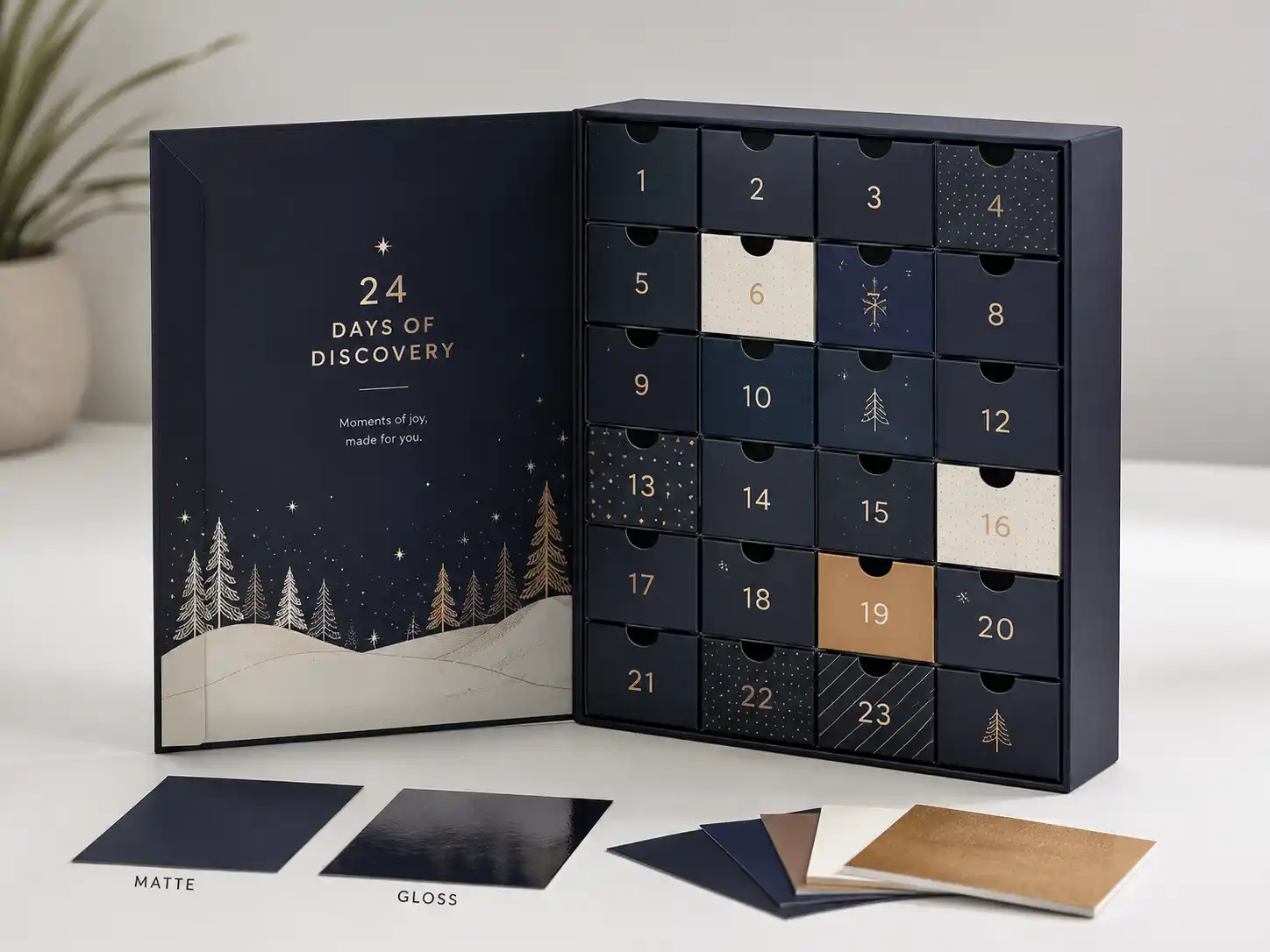 Assembled rigid advent calendar box with inserts and printed panels for lamination approval