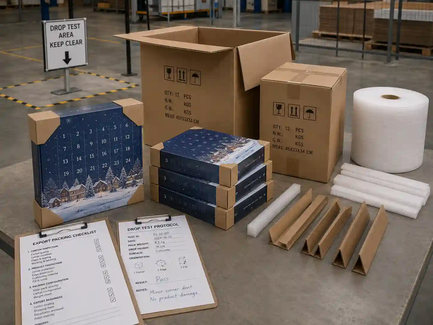 Protective packing test scene for advent calendar boxes before export shipment