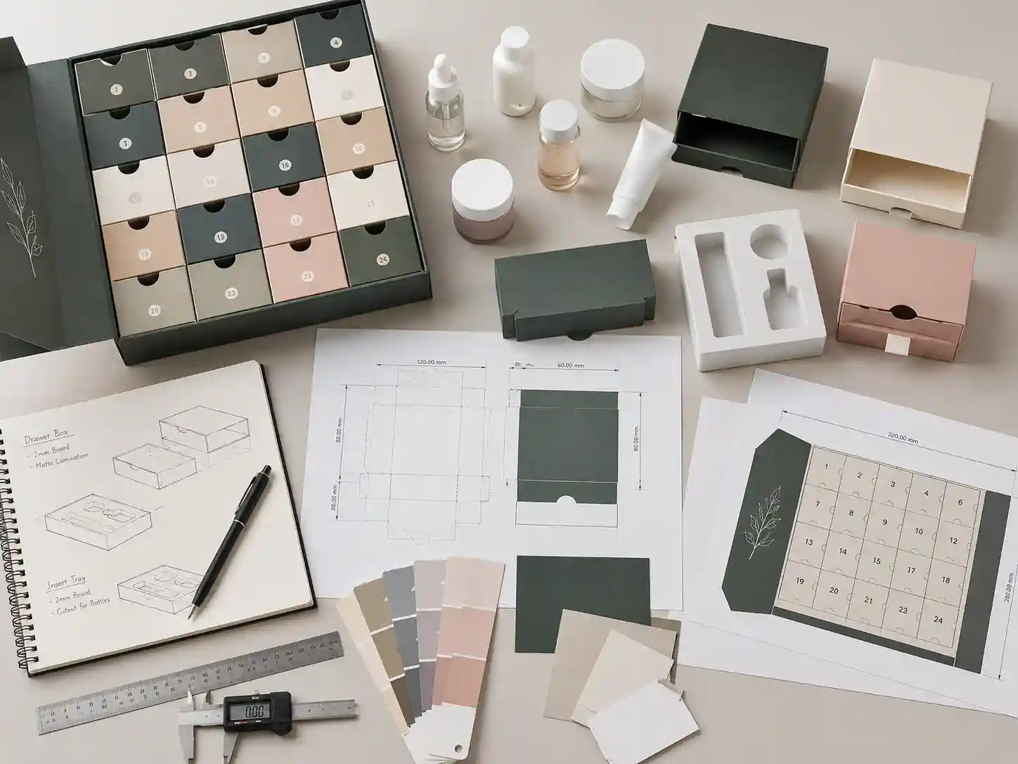 Paperboard advent calendar boxes structure planning for cosmetic and skincare samples with drawers and inserts