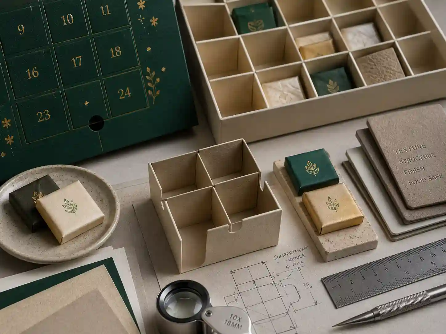 Food-safe compartment planning for paperboard advent calendar boxes with chocolate samples and dividers